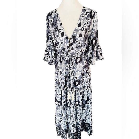 MAHLI the Label black/white/gray floral button front drawstring tie maxi size S - Picture 1 of 11